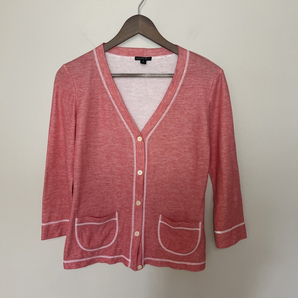 Lafayette 148 New York Button Down Cardigan With Pockets 3/4 Sleeves Red Small